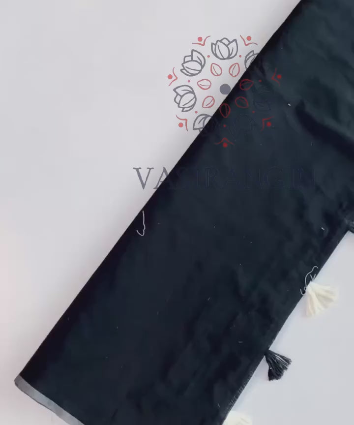 Attractive New Black Colour Chanderi Cotton Tussels Work Fancy Designer Wedding Wear Saree With Stitched Blouse