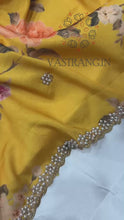Load and play video in Gallery viewer, New Wedding Wear Pure Chinnon Silk Print Embroidery n Diamond Work Fancy Designer Saree
