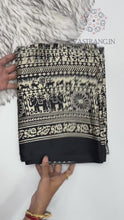 Load and play video in Gallery viewer, New Function Wear Black Color Pure Satin Silk Ajrak Printed Rich Pallu n Tussles Work Fancy Designer Saree
