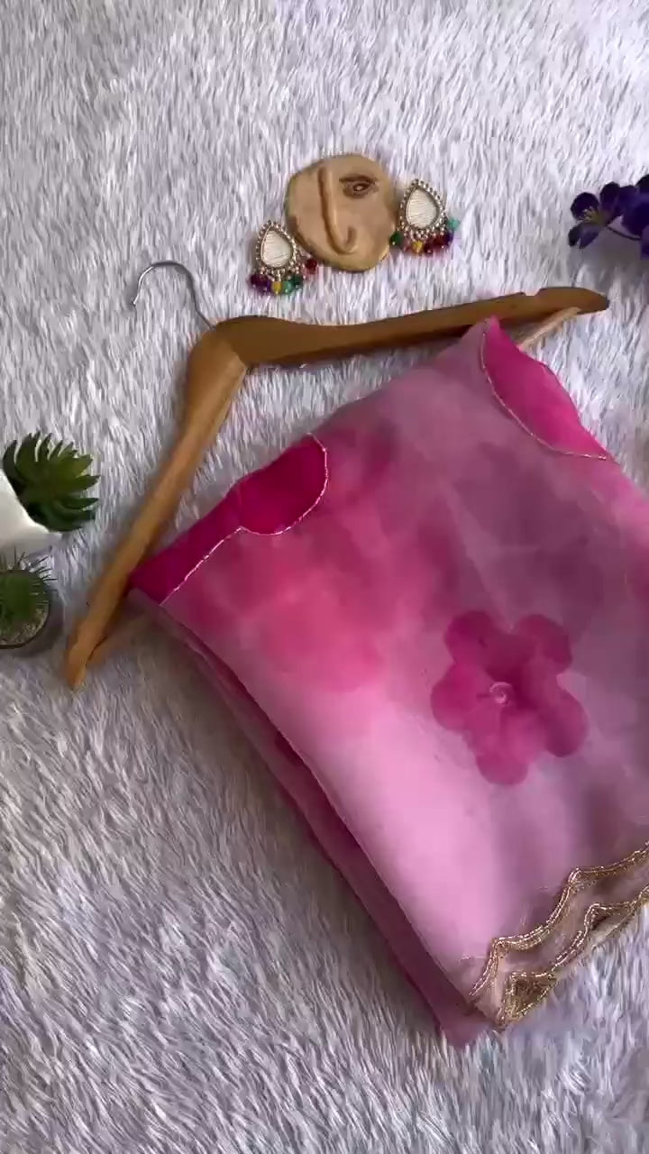 New Partywear Pink Color Organza Silk Printed Hand Work Fancy Designer Saree With Unstitched Blouse