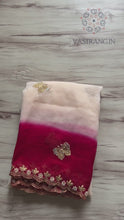 Load and play video in Gallery viewer, Attractive Double Shaded Crunchy Chiffon Crush Silk Embroidery Work Partywear Fancy Designer Saree With Contrast Blouse
