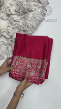 Load and play video in Gallery viewer, New Function Wear Red Color Pure Satin Silk Ajrak Printed Rich Pallu n Tussles Work Fancy Designer Saree
