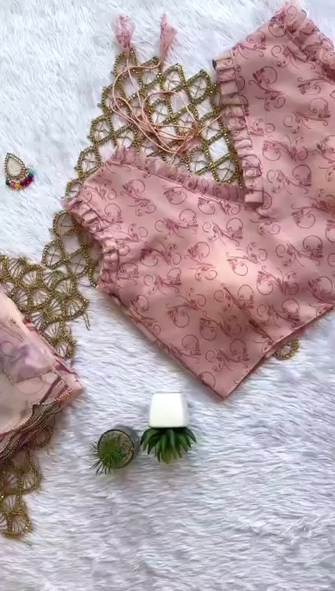 New Partywear Peach Color Organza Silk Printed Hand Work Fancy Designer Saree With Unstitched Blouse