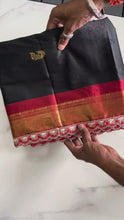 Load and play video in Gallery viewer, Evocative Black Cotton Silk Jacquard Zari Weaving n Sequence Lace Work Saree With Luxuriant Blouse

