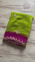 Load and play video in Gallery viewer, Attractive Double Shaded Crunchy Chiffon Crush Silk Embroidery Work Partywear Fancy Designer Saree With Contrast Blouse
