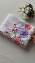 Load and play video in Gallery viewer, Attractive New White Colour Soft Pure Georgette Handbrush Flower n Handwork Fancy Designer Saree With Blouse

