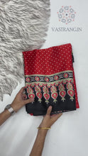 Load and play video in Gallery viewer, Gorgeous Party wear Pure Satin Silk Ajrak Printed Rich Pallu n Tussles Work Fancy Designer Saree
