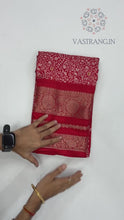 Load and play video in Gallery viewer, New Festive Wear Red Color Dola Silk Print With Jacquard Zari Work Fancy Designer Saree
