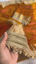 Load and play video in Gallery viewer, New Orange Color Banarasi Tissue Silk Jacquard n Lace Work Fancy Designer Wedding Wear Saree
