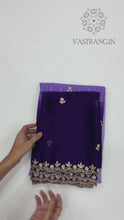 Load and play video in Gallery viewer, New Partywear Pedding Purple Color Chiffon Emboridery n Hand Work Fancy Designer Saree With Blouse
