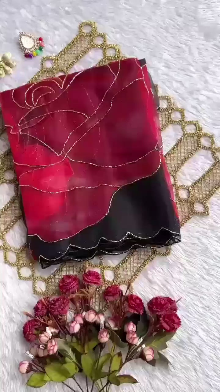 New Partywear Black Color Organza Silk Printed Hand Work Fancy Designer Saree With Unstitched Blouse