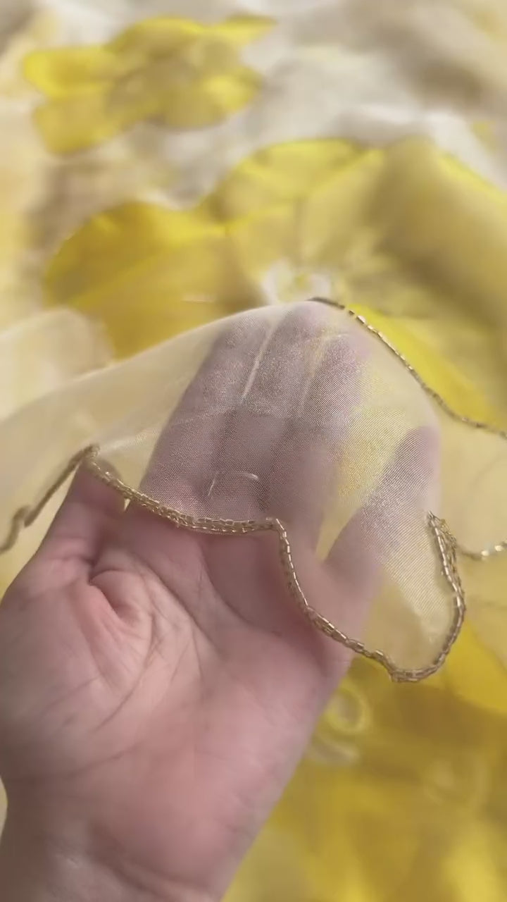 New Partywear Yellow Color Organza Silk Printed Hand Work Fancy Designer Saree With Unstitched Blouse
