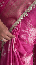 Load and play video in Gallery viewer, Classic Party Wear Muslin Cotton Zari Jacquard Border With Sequence Weaving Pearl lace in Saree Design
