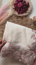 Load and play video in Gallery viewer, Beautiful Soft Tebby Silk Cream Color Embroidery Work Saree with Designer Unstitched Blouse
