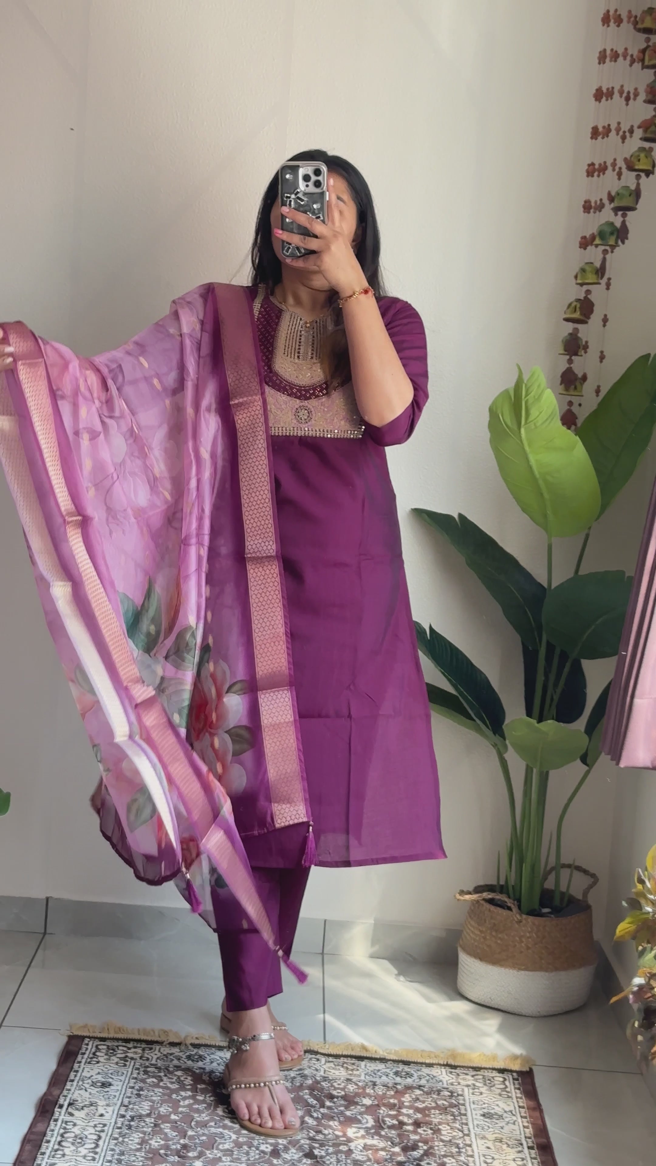New Festive Wear Wine Color Roman Silk Embroidery n Sequence Work Designer Straight Kurta With Trouser n Dupatta Set