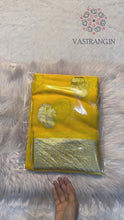 Load and play video in Gallery viewer, New Festival Wear Yellow Color Viscose Georgette Jacquard Weaving Work Fancy Designer Saree With Blouse
