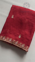 Load and play video in Gallery viewer, New Wedding Wear Red Color Crunchy Chiffon Silk With Beautiful Embroidery Work Fancy Designer Saree
