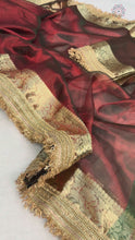 Load and play video in Gallery viewer, New Marron Color Banarasi Tissue Silk Jacquard n Lace Work Fancy Designer Partywear Saree

