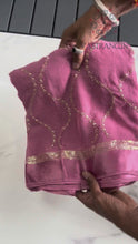 Load and play video in Gallery viewer, Charming Lavender Colour Pure Viscose Georgette Fabric With Satin Border n Embroidered Work Saree With Blissful Blouse Piece
