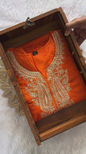 Load and play video in Gallery viewer, Exquisite Festive Wear Orange Color Roman Silk Embroidery n Sequence Work Designer Straight Kurta With Trouser n Dupatta Set
