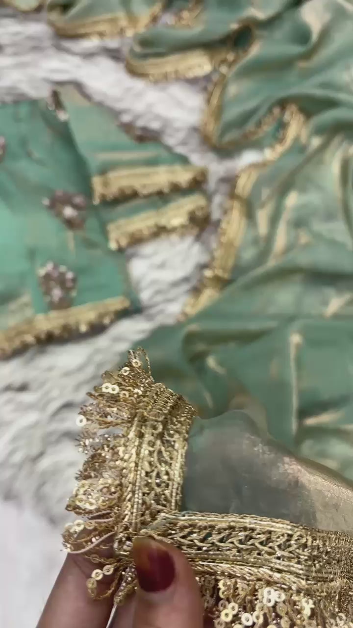 New Partywear Rich Silk Sea Green Color Designer Lace Work Fancy Saree With Embroidered Unstitched Blouse Piece