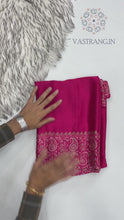 Load and play video in Gallery viewer, New Wedding Wear Rani Color Pure Satin Silk Ajrak Printed Rich Pallu n Tussles Work Fancy Designer Saree
