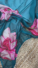 Load and play video in Gallery viewer, New Beautiful Soft Tebby Silk Print n Handwork Partywear Fancy Designer Saree With Blouse
