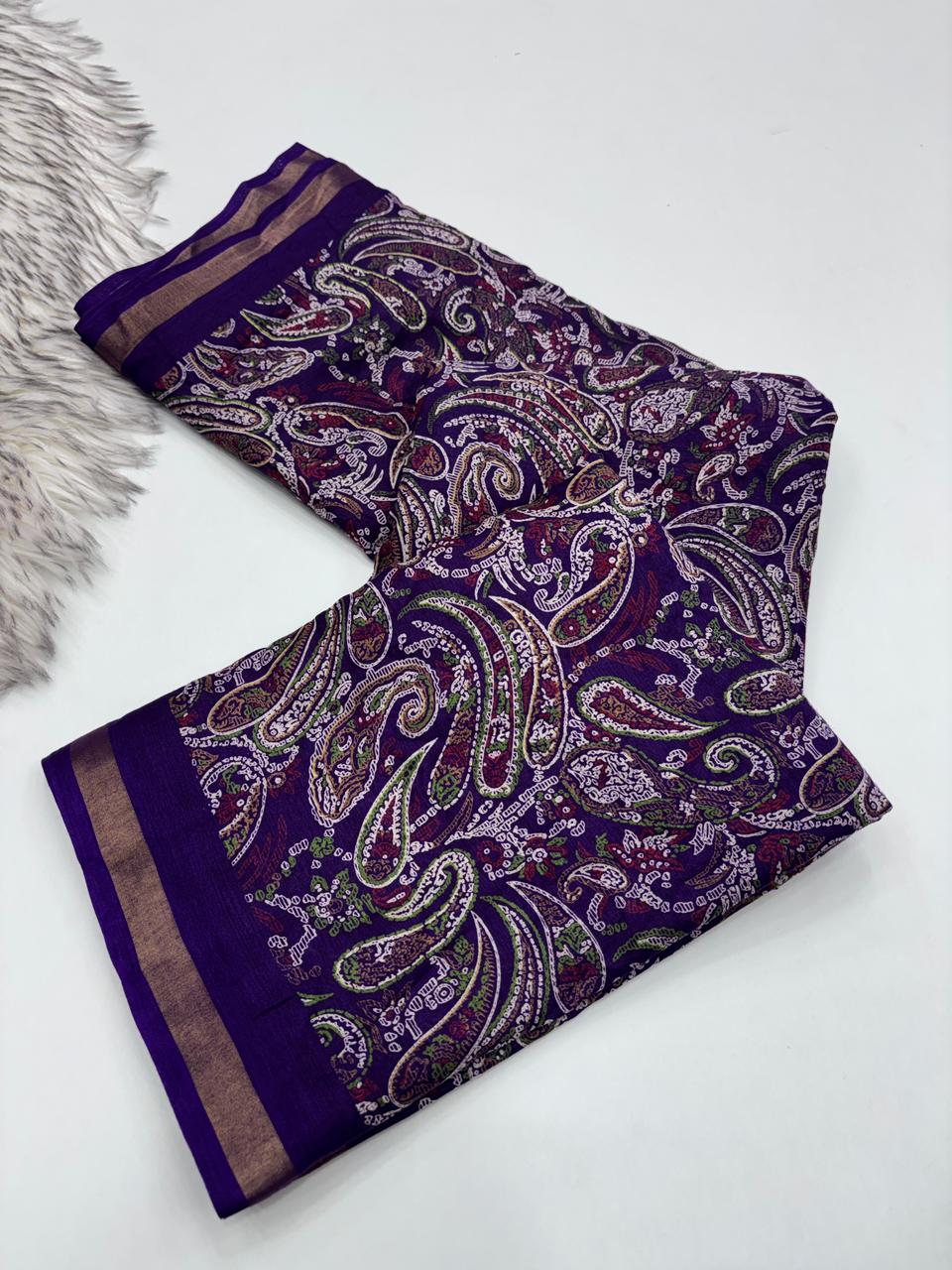 Excellent Party Wear Pure Soft Kashmiri Cotton Silk Designer Printed n Rich Pallu Saree With Blouse Piece