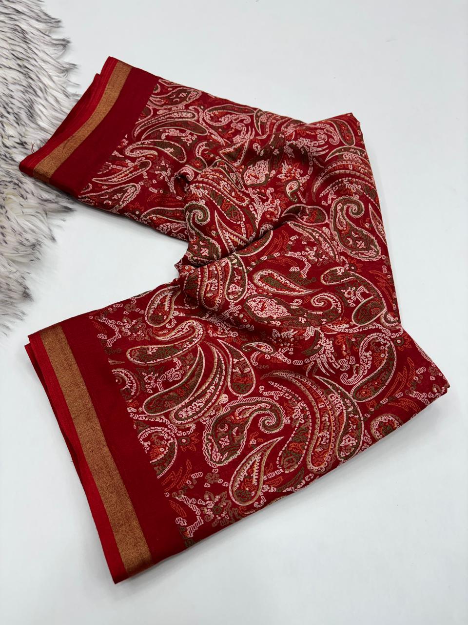 Excellent Party Wear Pure Soft Kashmiri Cotton Silk Designer Printed n Rich Pallu Saree With Blouse Piece