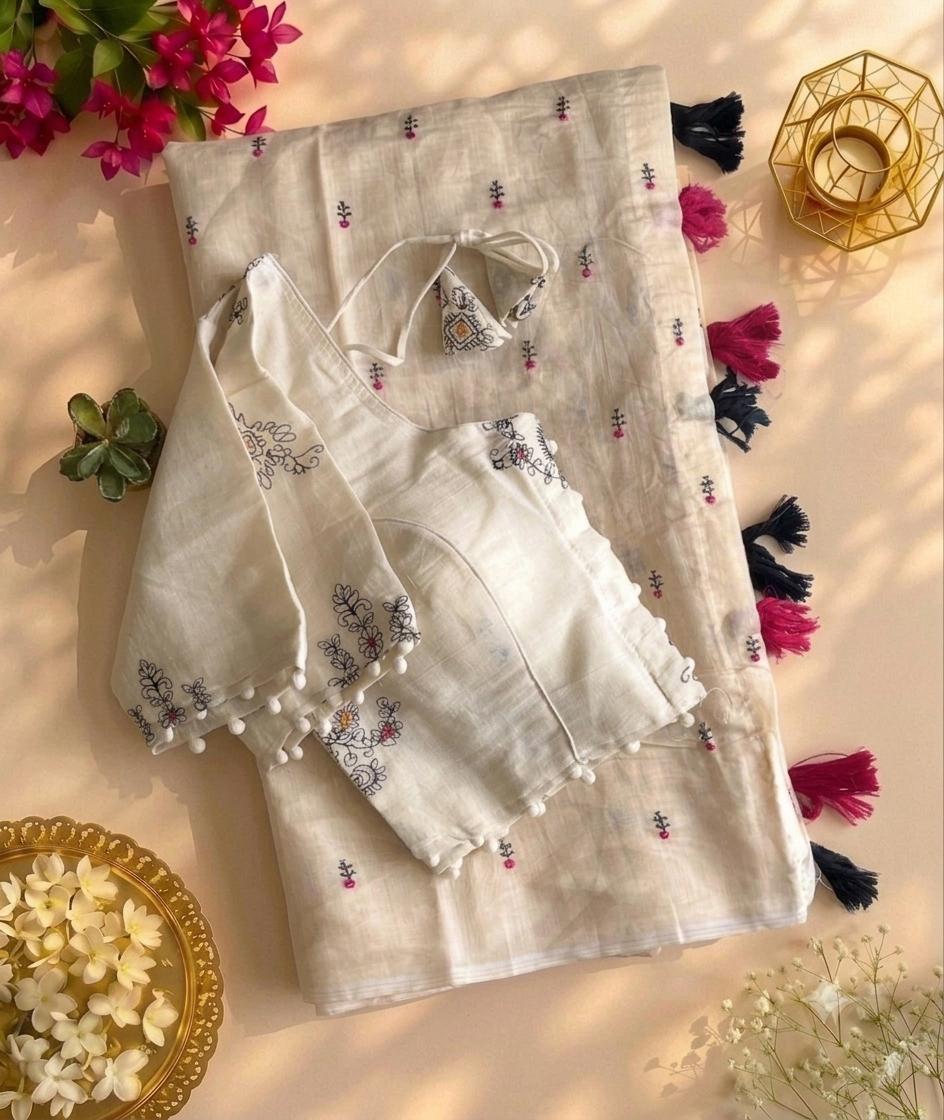 Desiring Function Wear Chanderi Cotton Embroidery n Tussels Work Designer Saree With Stitched Blouse