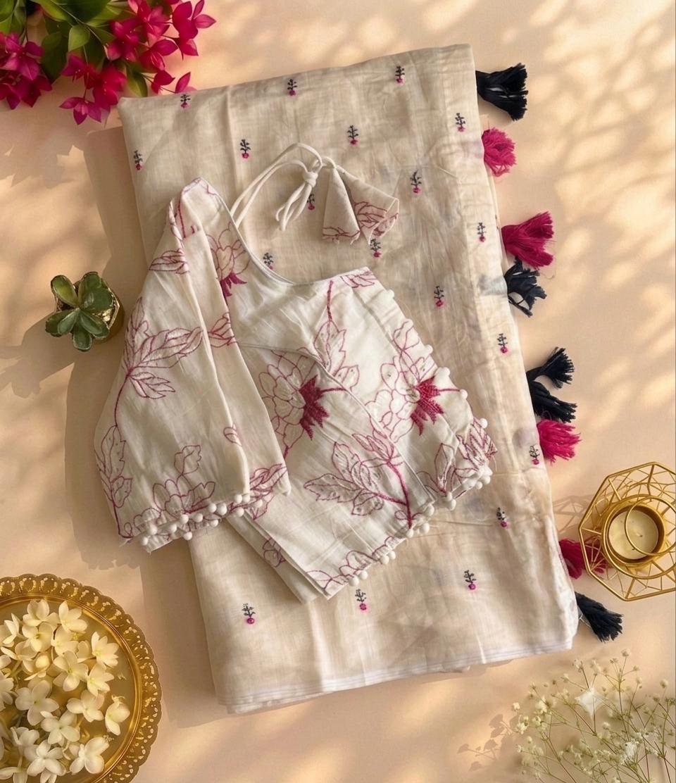 Desiring Function Wear Chanderi Cotton Embroidery n Tussels Work Designer Saree With Stitched Blouse