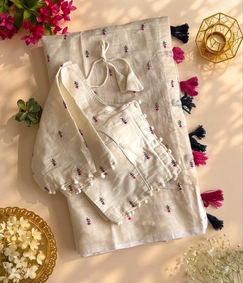 Desiring Function Wear Chanderi Cotton Embroidery n Tussels Work Designer Saree With Stitched Blouse