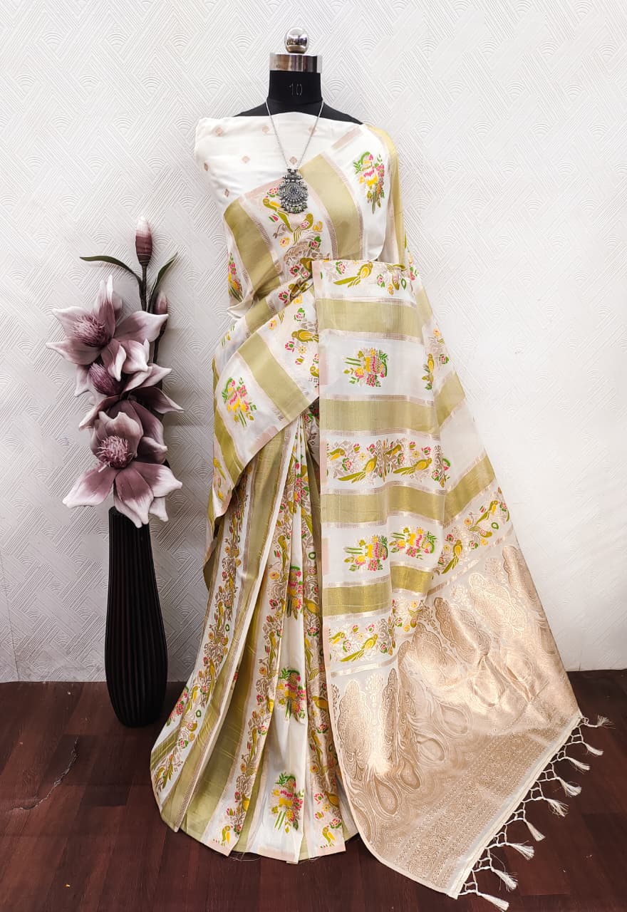 Dazzling Wedding Wear Banarasi Silk Print Design Golden Zari Work Rich Pallu Fancy Saree With Blouse Piece