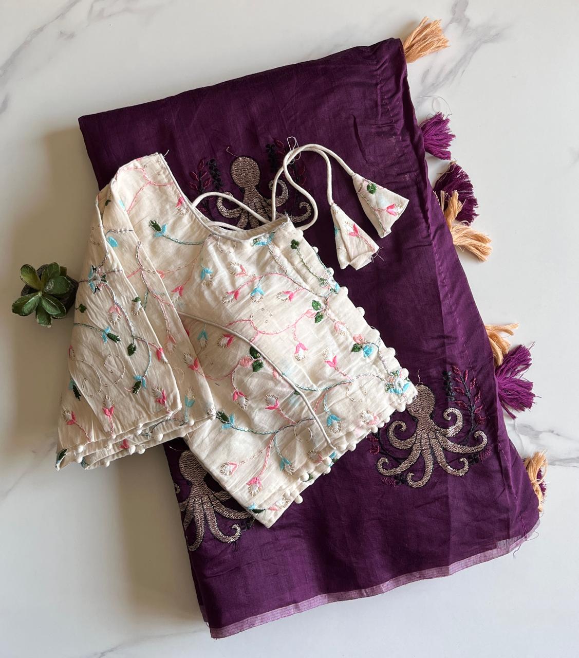 Desiring Function Wear Chanderi Cotton Embroidery n Tussels Work Fancy Saree With Stitched Blouse