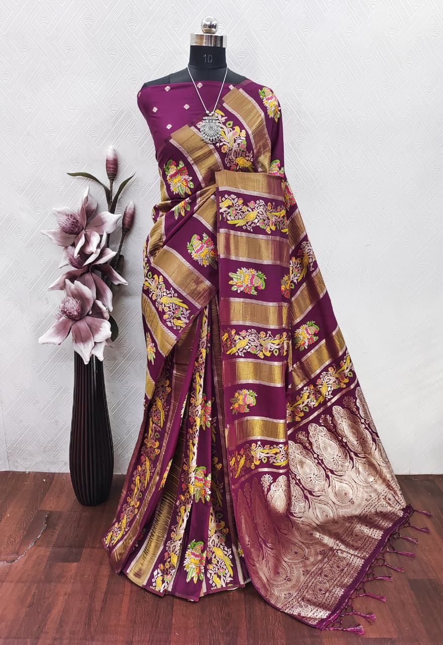 Dazzling Wedding Wear Banarasi Silk Print Design Golden Zari Work Rich Pallu Fancy Saree With Blouse Piece