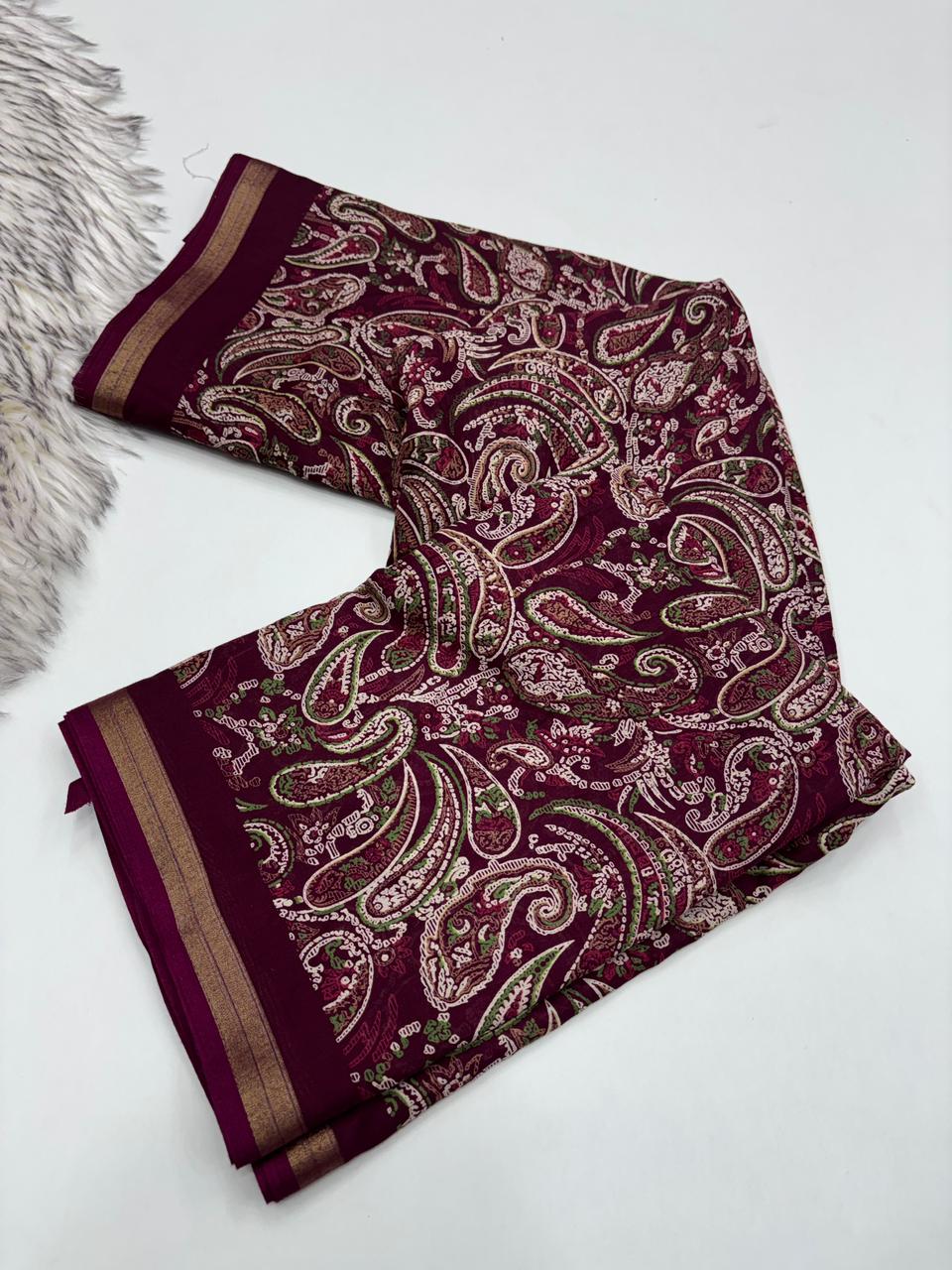 Excellent Party Wear Pure Soft Kashmiri Cotton Silk Designer Printed n Rich Pallu Saree With Blouse Piece