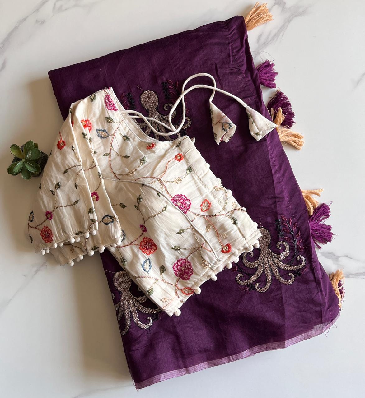 Desiring Function Wear Chanderi Cotton Embroidery n Tussels Work Fancy Saree With Stitched Blouse