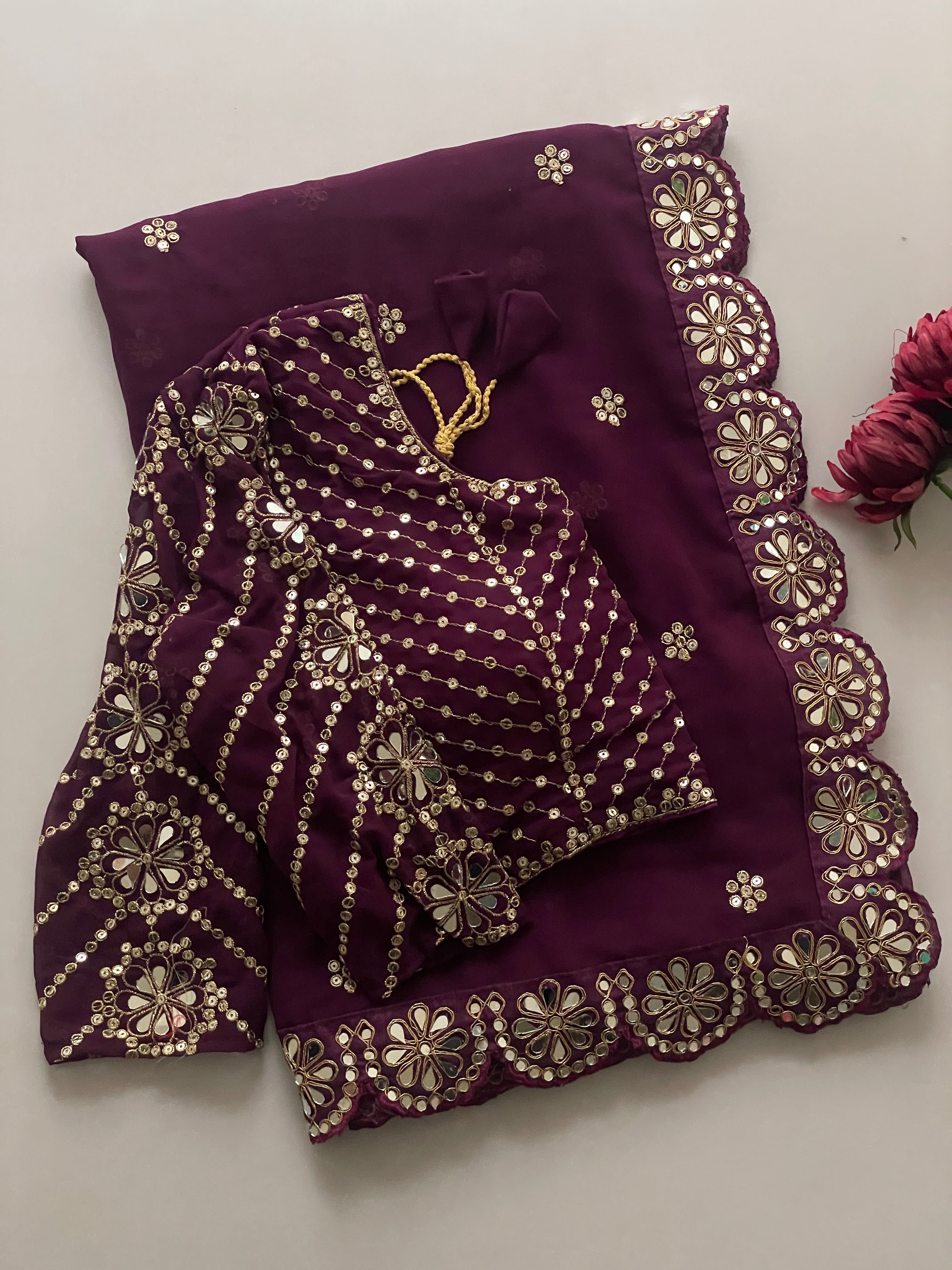 Blossom Party Wear Faux Georgette Sequence Heavy Border n Real Mirror Work Fancy Designer Saree With Unstitched Blouse