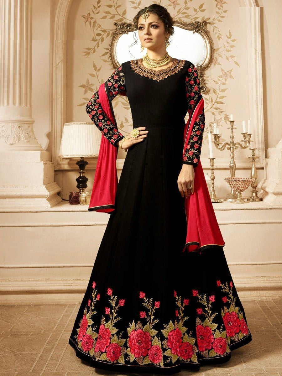 Black Color Georgette Flower Embroidered Festive Wear Salwar Suit For Women