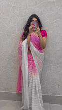 Load and play video in Gallery viewer, Party Wear Off White n Pink Color Chinon Silk Mukesh Work Fancy Designer Saree
