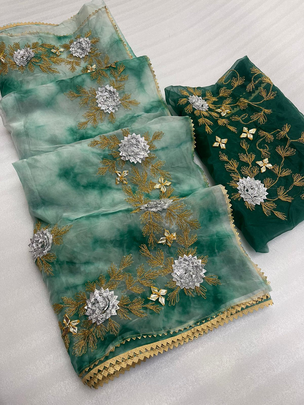 Sea Green Color Organza Silk Saree With Beautiful Shibori Print With Gota Patti Handwork