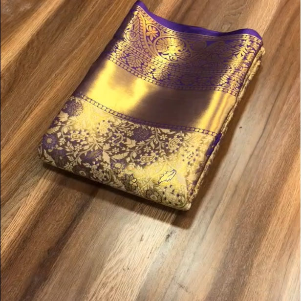 Wedding Wear Purple Color Kanjivaram Silk Pure Zari Weaving with Beautiful Meena Weaving Saree