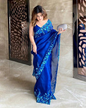 Load image into Gallery viewer, Modern Wedding Wear Organza Silk Fancy Embroidery Work Royal Blue Color Saree Design
