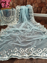 Load image into Gallery viewer, Beautiful Wedding Wear Heavy Embroidery Mirror Ceramic Work Soft Net Saree Look

