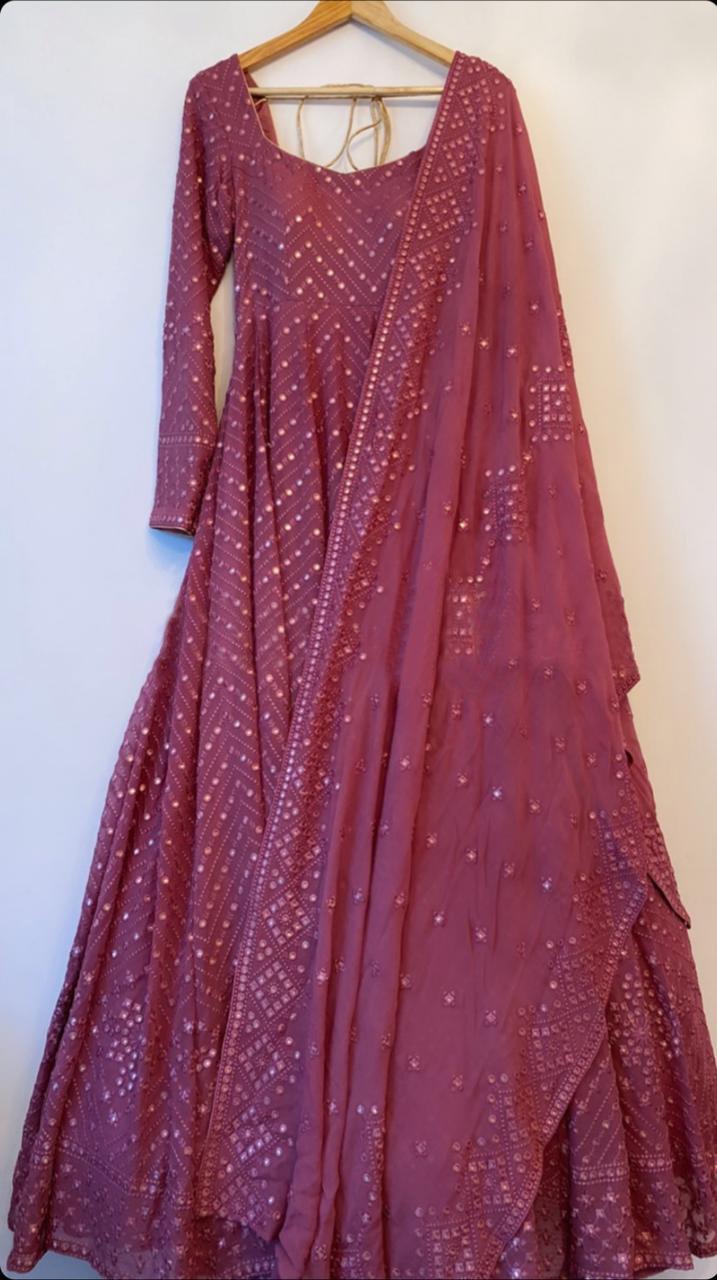 Stylish Wedding Wear Georgette Rani Color Heavy Embroidery Mirror Work Fancy Gown
