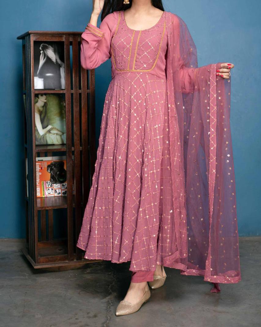 Beautiful Pink Color Georgette Embroidery Sequence Work Party Wear Gown With Dupatta Design