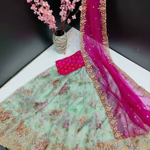Load image into Gallery viewer, Modern Floral Printed Embroidery Stone Cut Work Party Wear Organza Silk Lehenga Choli Shopping
