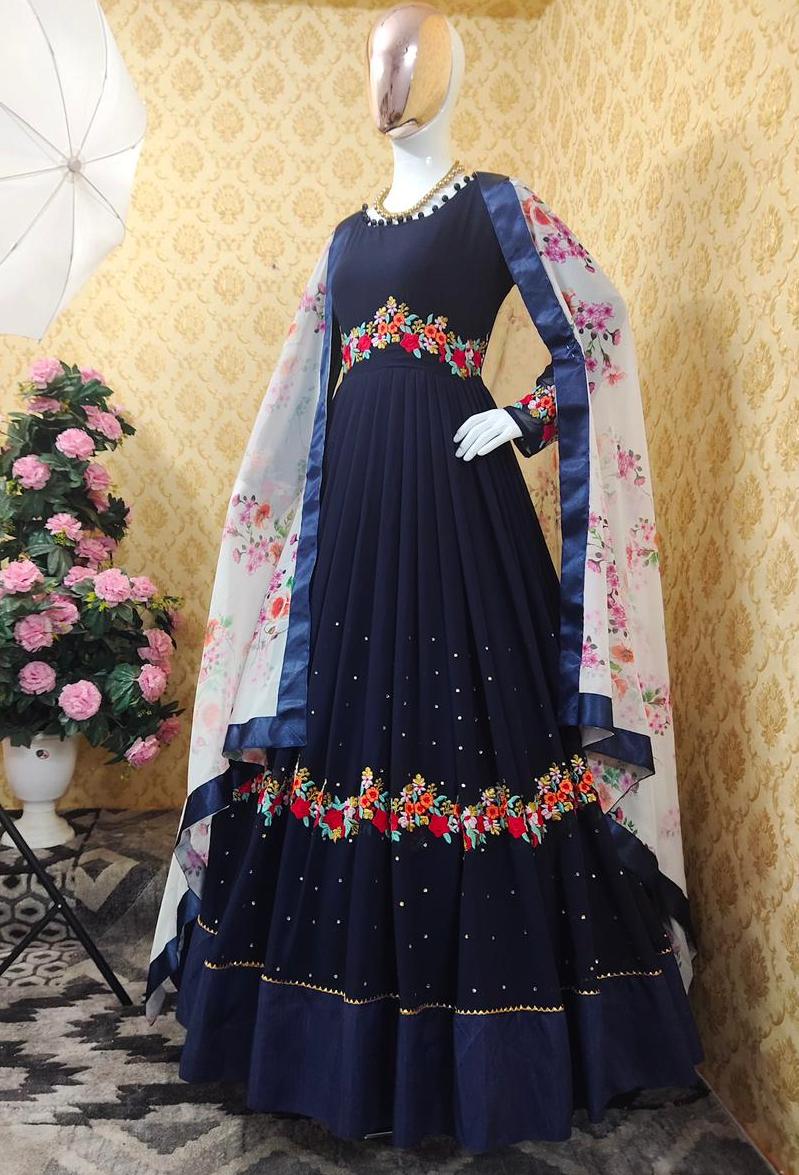 Stylish Party Wear Faux Georgette Trendy Embroidery Work Designer Gown For Dulhan