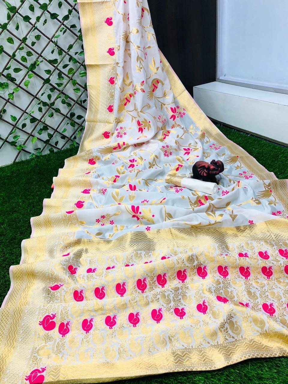 Fancy Zari Pallu Meenakari Work White Color Banarasi Soft Silk Wedding Wear Designer Bridal Saree