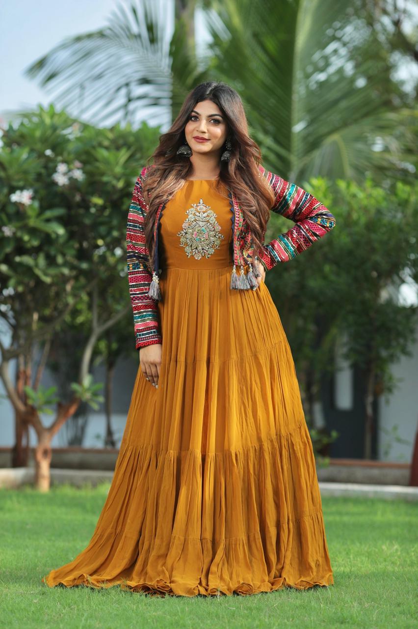 Wedding Wear Faux Georgette Mustard Color Embroidery n Ruffle Work Designer Gown With Jacket